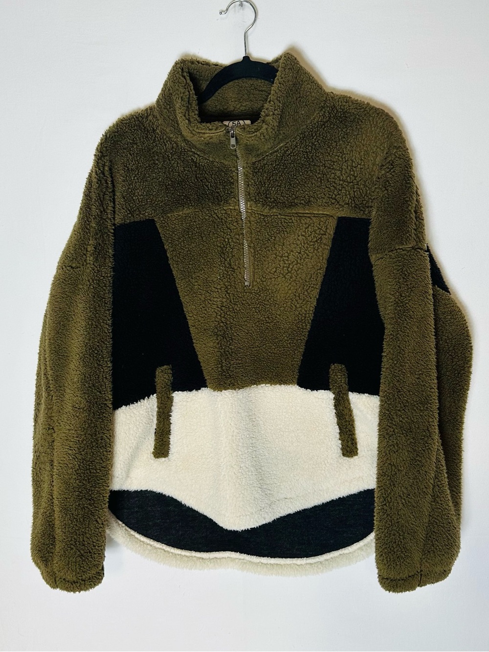 Sage Collective Colour Block Sherpa Fleece 1/4 Zip Pullover L Olive Cream Black